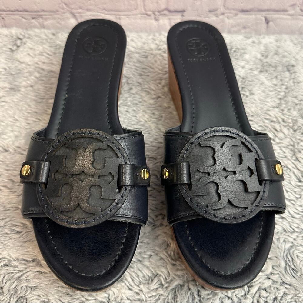 Tory Burch Patty Wedge Slide Sandals Leather Navy Blue Women's 9.5